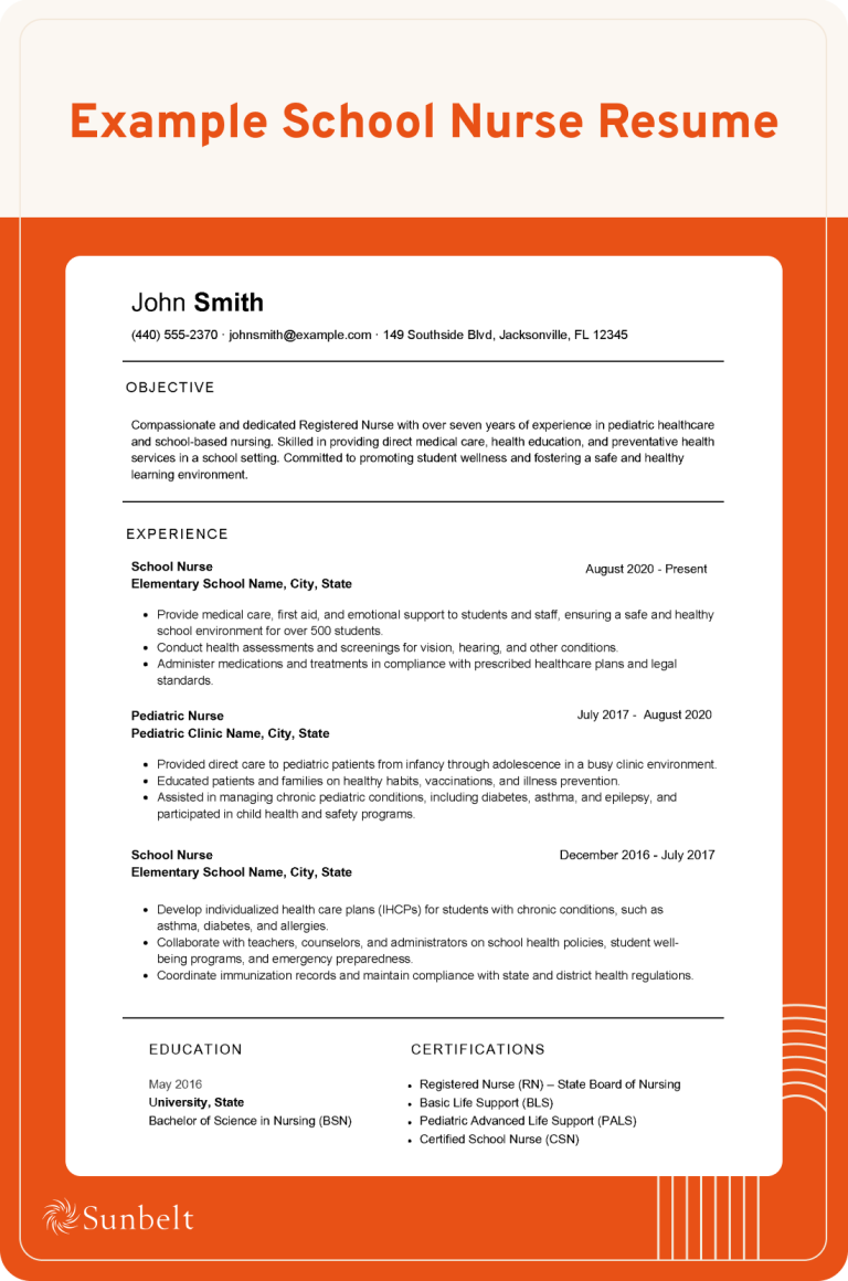 School Nurse Resume Guide Sunbelt - School Nurse Resume 768x1160 